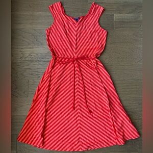 Lands' End Red Striped V-Neck Summer Midi Dress-Size L 14/16